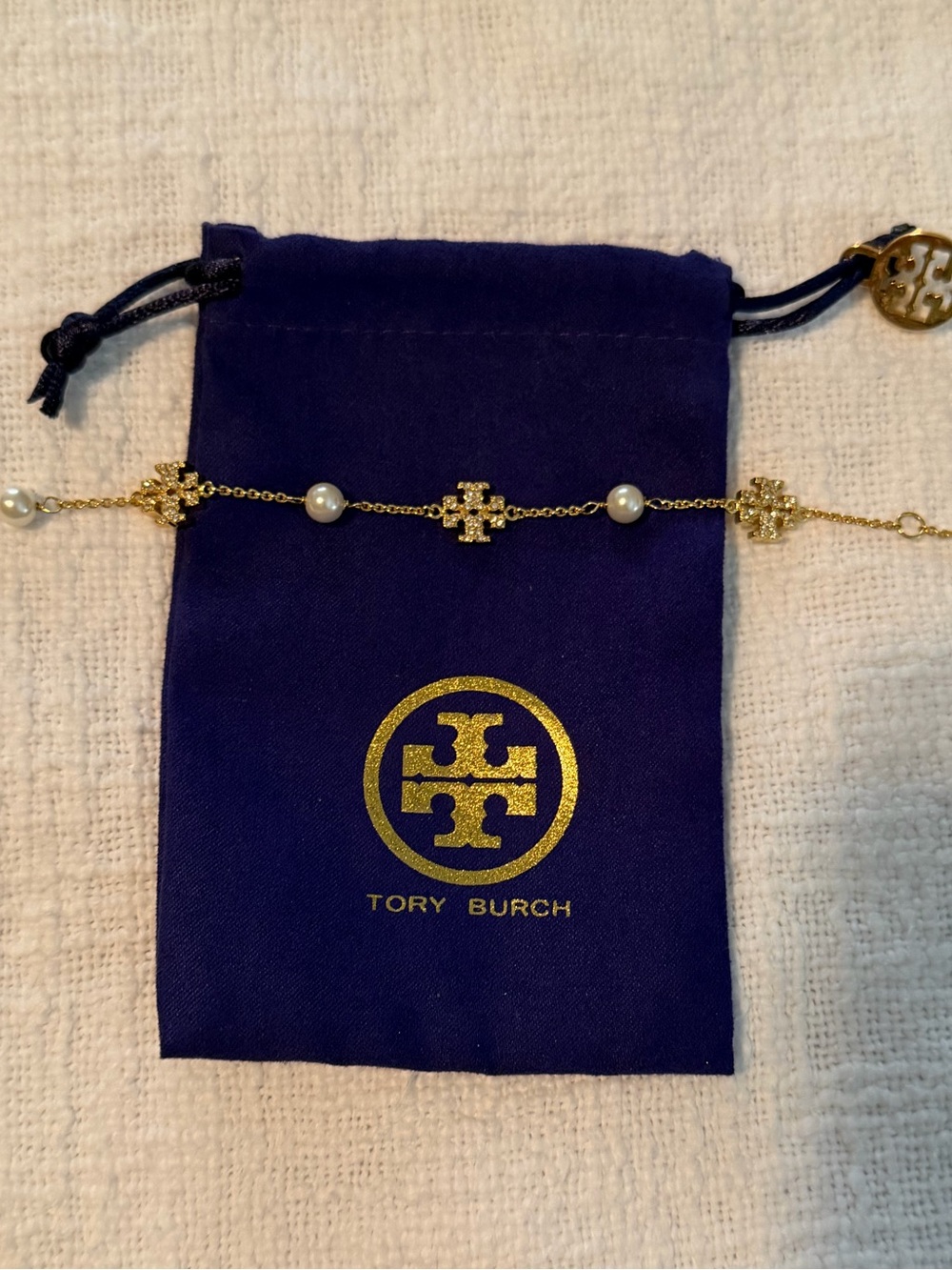 Tory Burch Gold Pearl Logo Station Bracelet